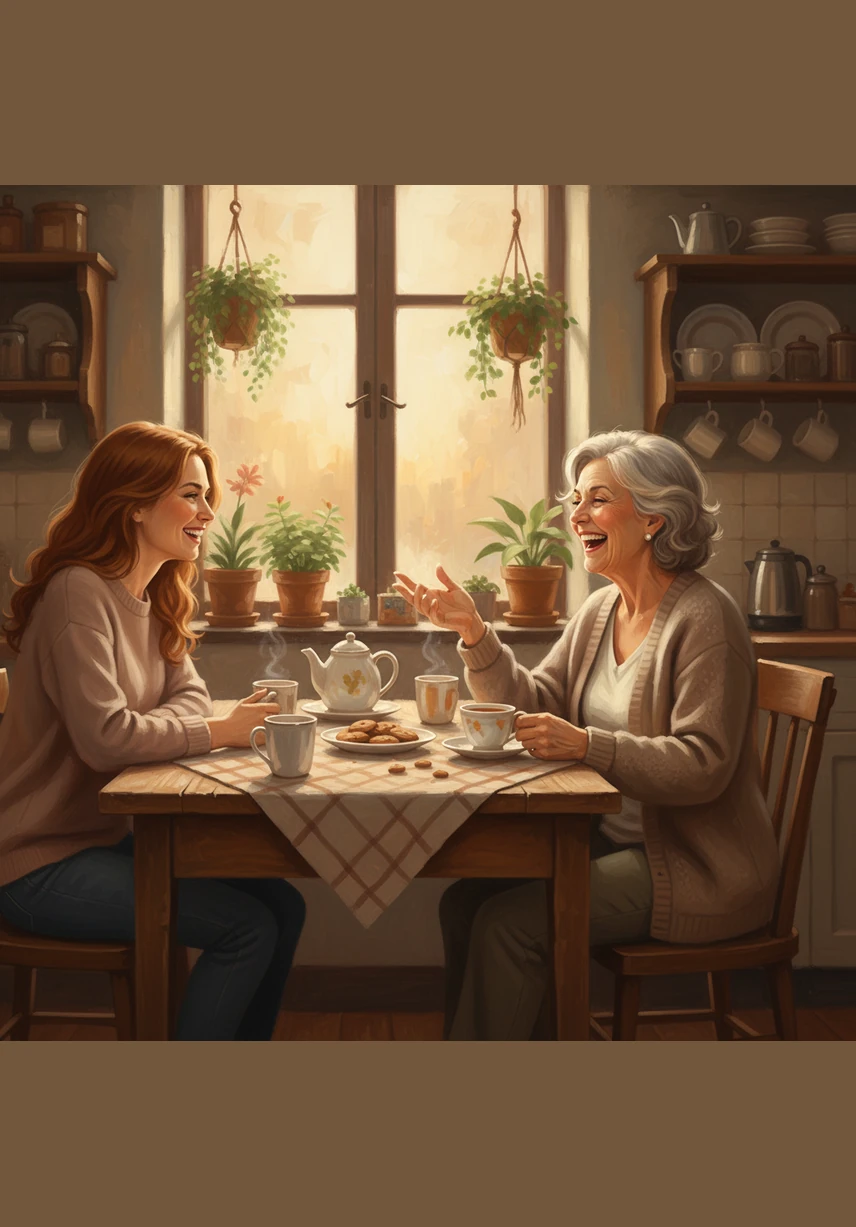 Мама на кухне весело смеется, обсуждая что-то важное за чашкой чая. Самые счастливые моменты кроются в простых разговорах, семейных традициях и чувстве, что тебя всегда поймут.