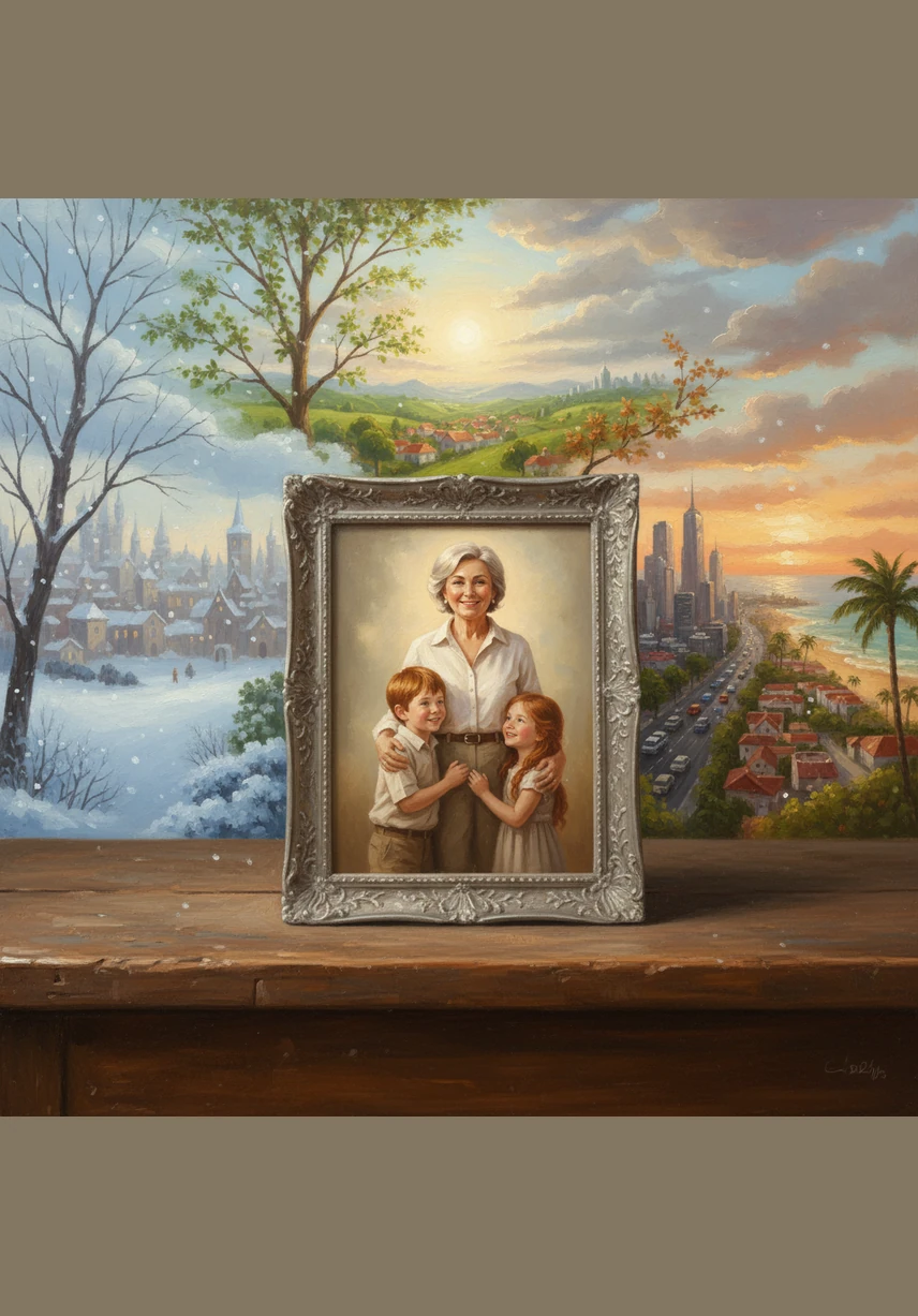 Старая фотография в изящной рамке на фоне сменяющихся времен года. Годы летят, меняются города и события, но мамина любовь остается единственной неизменной константой в этом мире.
