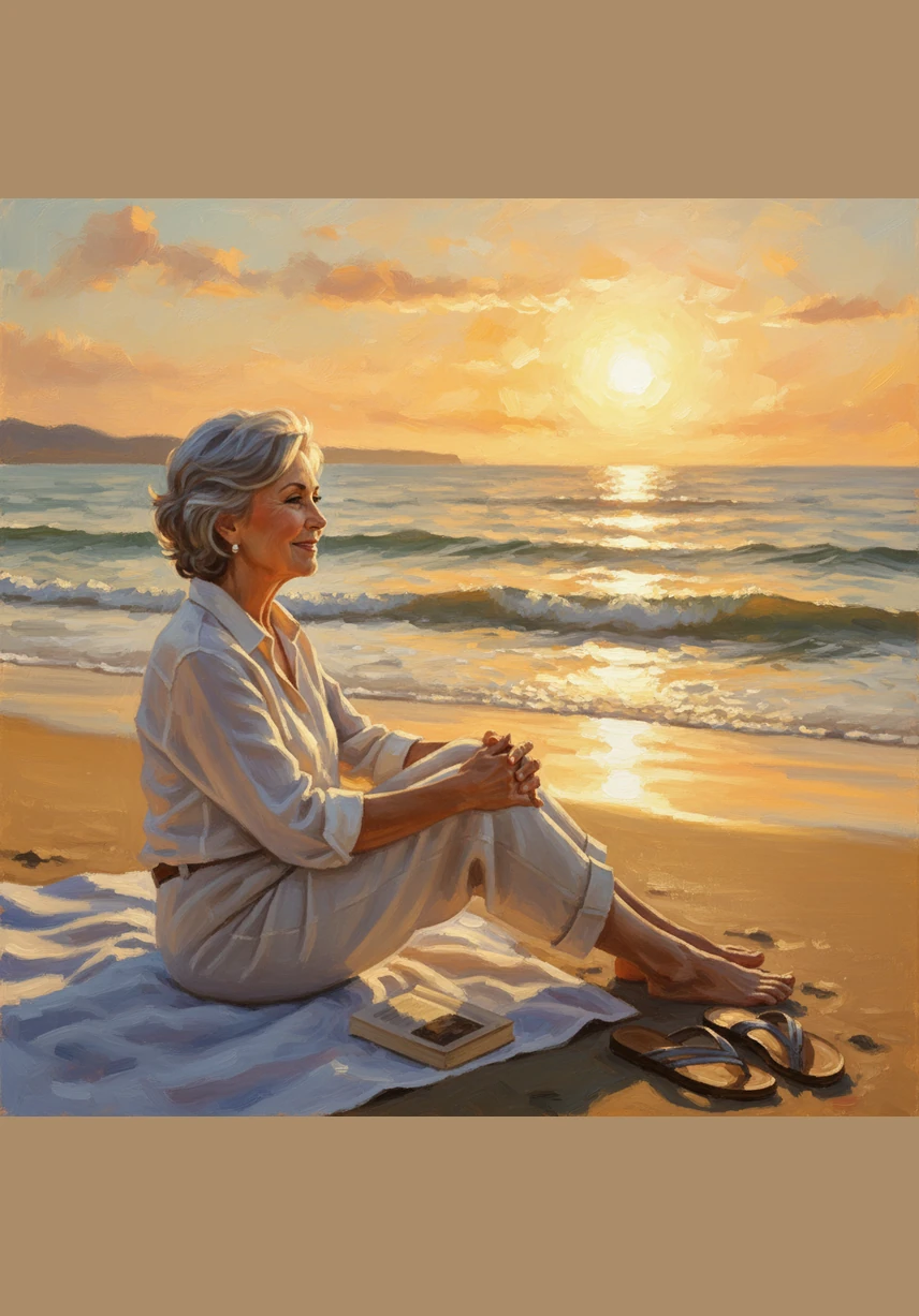 Мама отдыхает на золотистом побережье, любуясь закатом и слушая мерный шум океанских волн. Она наслаждается заслуженным отдыхом и красотой момента, обретая гармонию и внутренний покой.