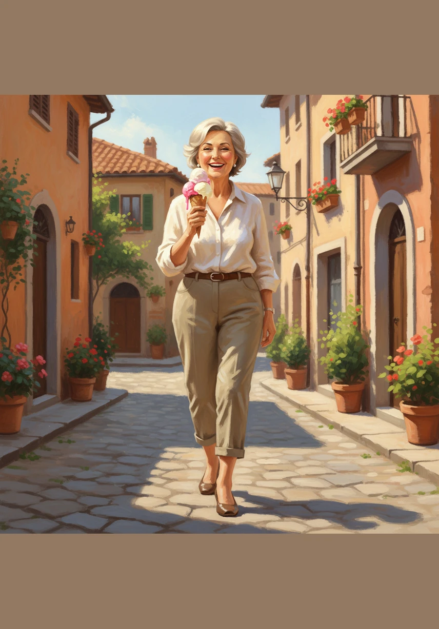 Счастливая мама гуляет по солнечной итальянской улочке с рожком вкусного мороженого в руках. Пусть в ее жизни будет как можно больше смеха, солнца и поводов для искренней улыбки каждый день.
