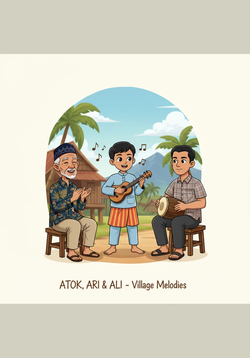 Atok mengeluarkan alat musik gambus kesayangannya dan mulai memetik senarnya, diiringi tabuhan gendang marwas yang energik oleh paman Zaki. Alunan musiknya memiliki pola irama 4/4 yang sangat khas, membuat jantung Zaki berdegup kencang mengikuti tempo yang semakin cepat. "Rasakan musiknya di dalam dadamu, Zaki, biarkan jiwamu yang menggerakkan kakimu," bisik Atok memberi semangat.