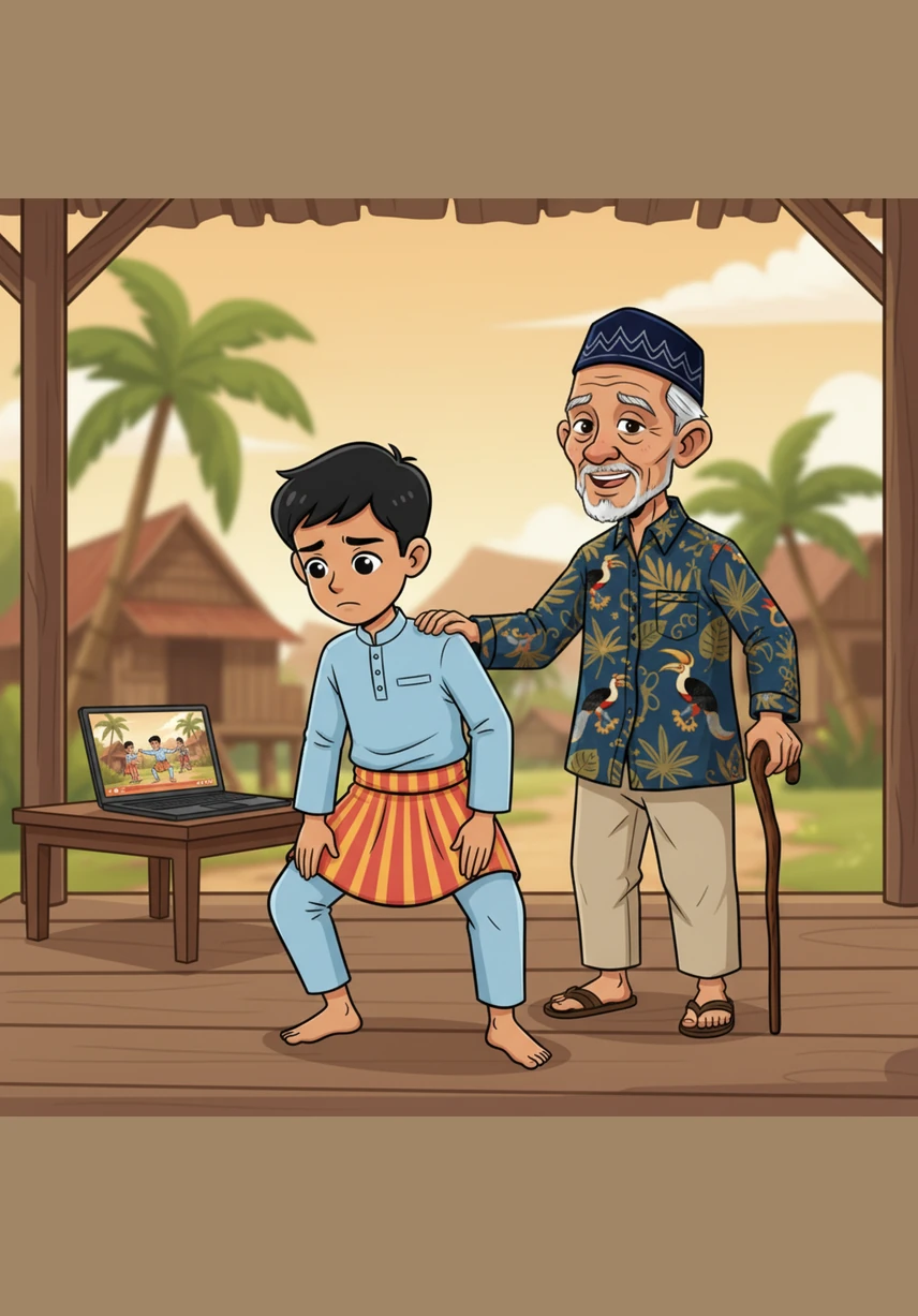 Memasuki hari ketiga, Zaki mulai merasa frustrasi karena gerakan 'Pusing Tengah' yang sangat sulit untuk dikuasai. Ia merasa gerakannya kaku dan tidak selincah para penari di video yang ia tonton di internet. Atok menepuk bahunya dan mengingatkan bahwa Zapin bukan tentang kesempurnaan teknis semata, melainkan tentang rasa syukur dan kegembiraan dalam kebersamaan.