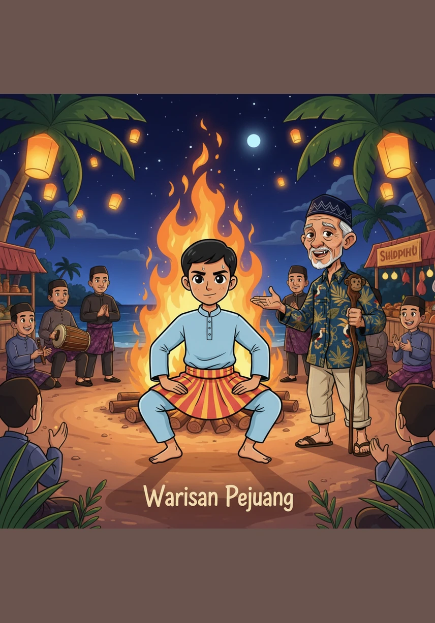 Malam festival budaya tiba, dan panggung di pinggir pantai sudah diterangi oleh cahaya obor yang temaram namun indah. Zaki merasa gugup saat mengenakan baju kurung lengkap dengan kain samping tenun dan tanjak yang gagah di kepalanya. Teman-teman barunya di desa memberikan semangat, mengingatkannya bahwa di atas panggung nanti, mereka adalah satu kesatuan yang saling mendukung.