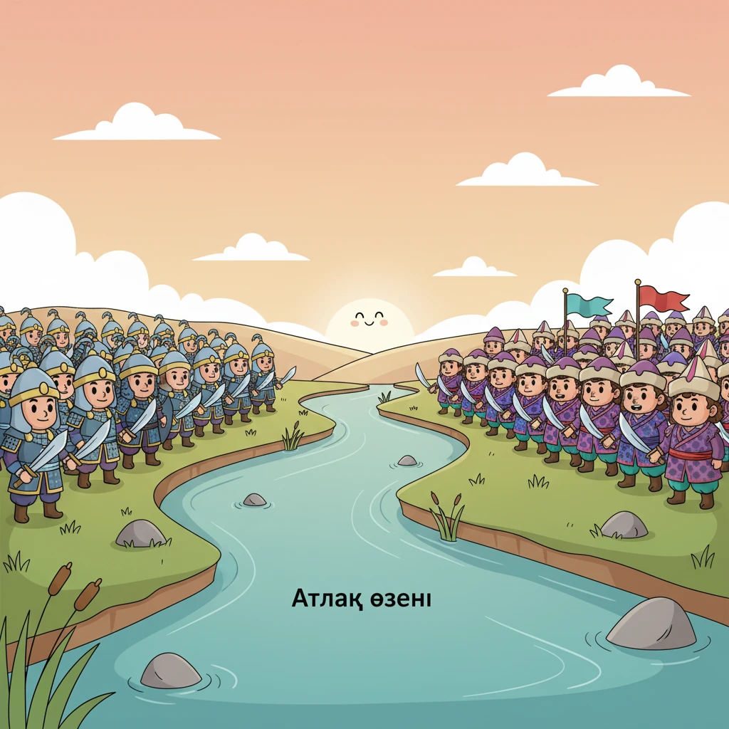 Таң атқанда, екі жақтың әскерлері бір-біріне қарсы тұрады. Атлақ өзенінің жағасында мыңдаған сарбаз кездесіп, тағдырлы шайқастың басталуын күтеді.