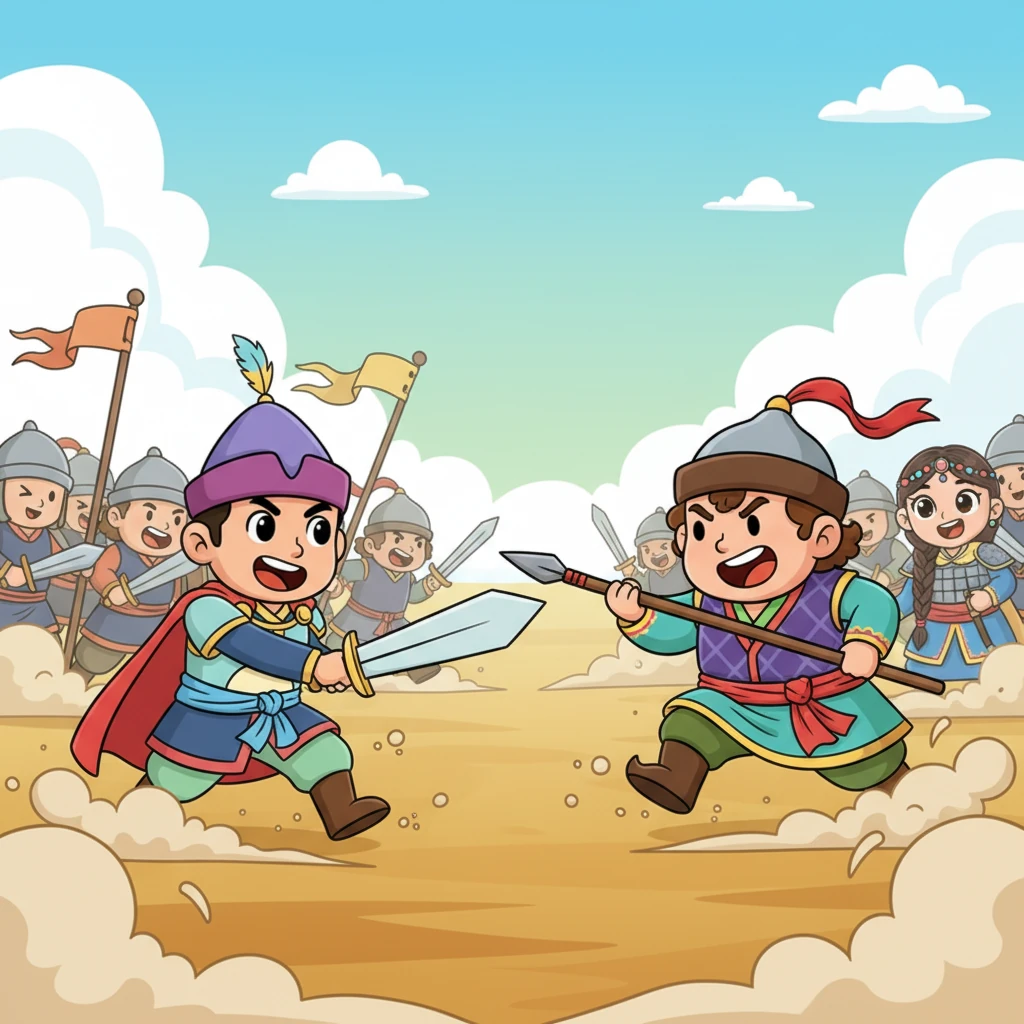 Ұлы шайқас басталады! Әскерлер айқайлап, бір-біріне шабуыл жасайды. Шаң-тозаң көтеріліп, найзалар мен қылыштар қақтығысып, динамикалық көрініс тудырады.