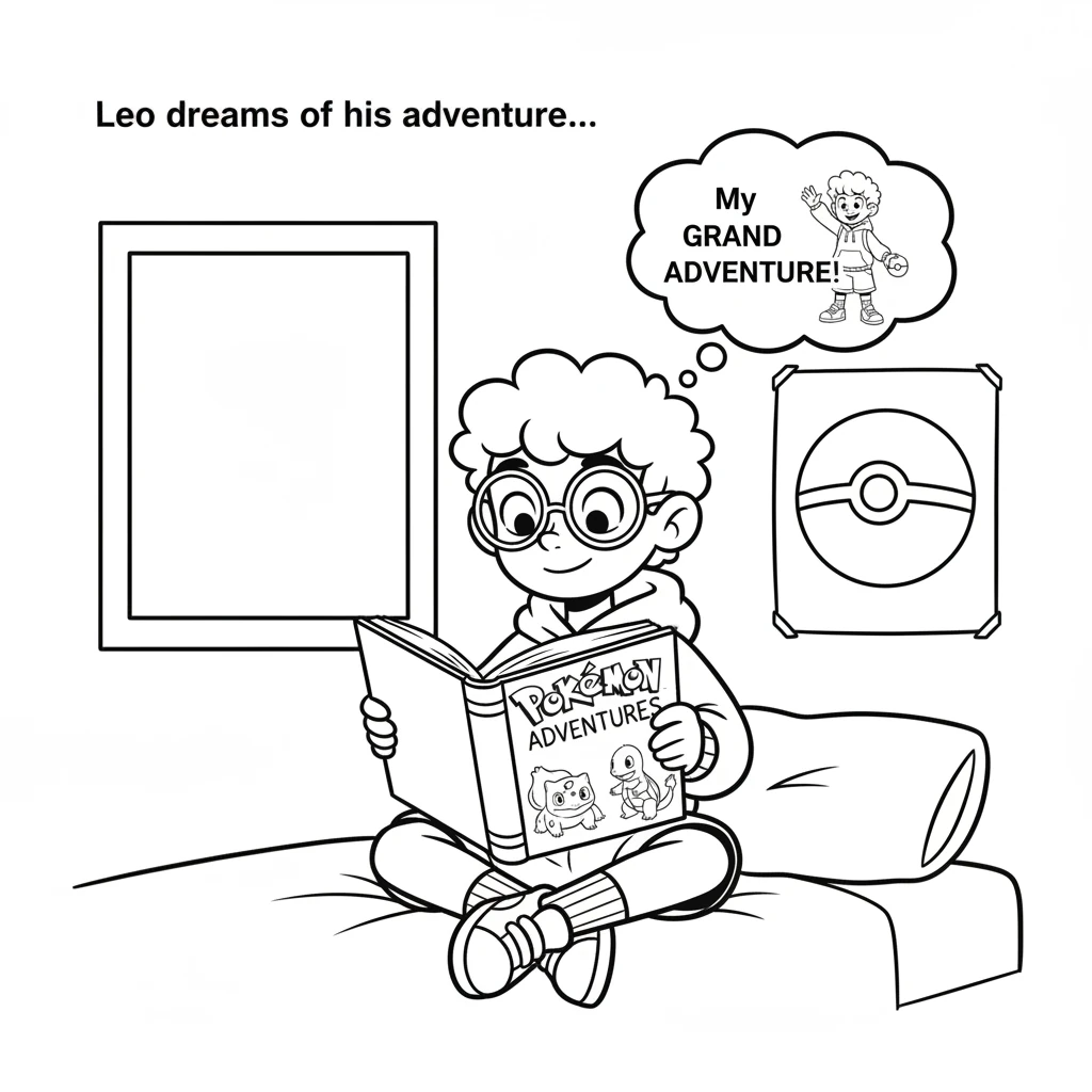 Leo sits in his bedroom, eyes wide with wonder, reading a book about Pokémon. He dreams of the day he will begin his own grand adventure. The room is
