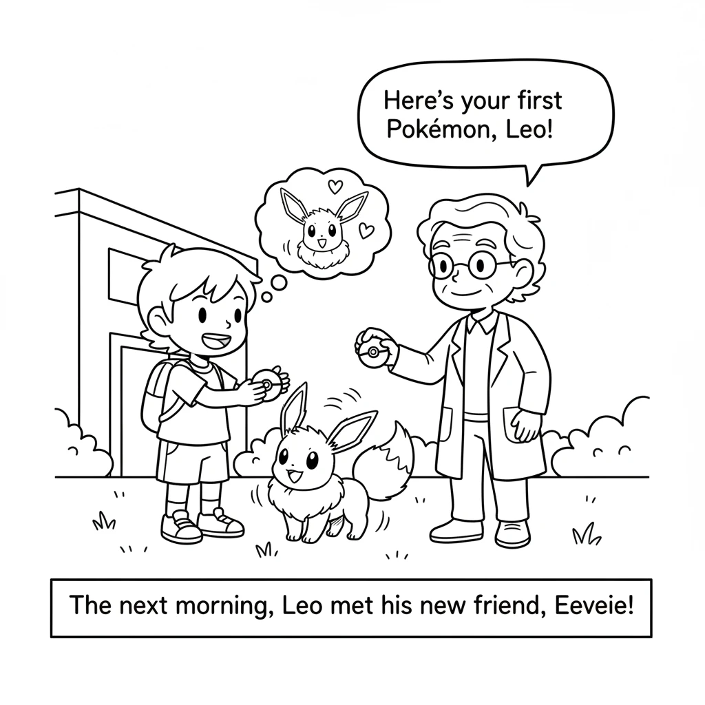 The next morning, Professor Oak, a kind old man with a friendly smile, presents Leo with his very first Pokémon: a fluffy, cheerful Eevee! Eevee wiggl