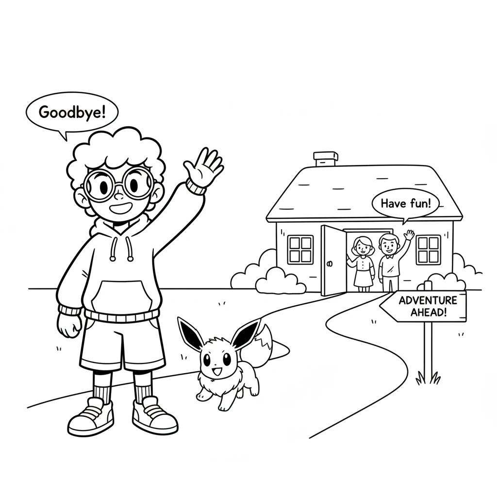 With Eevee by his side, Leo waves goodbye to his cozy home and loving parents. The road ahead stretches out, promising endless discoveries. His parent