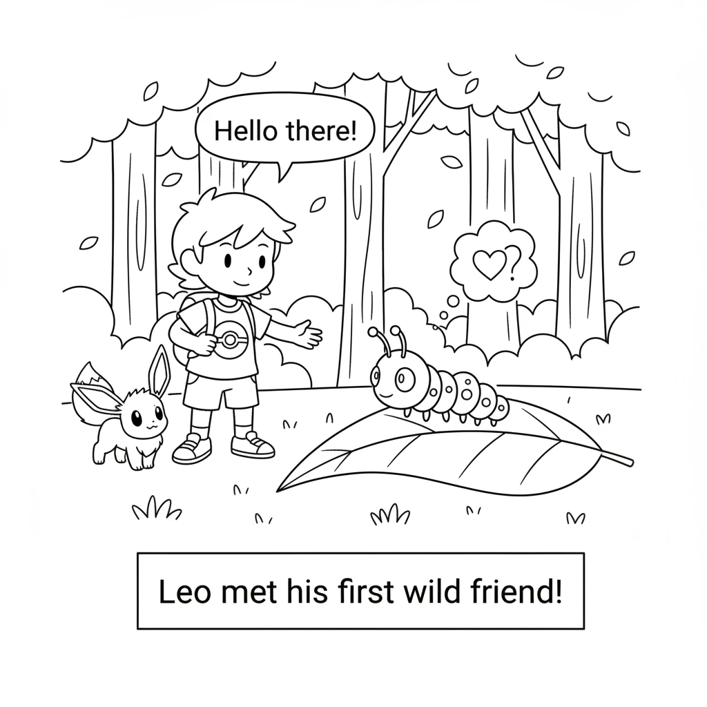 Deep in a sun-dappled forest, Leo and Eevee spot their first wild Pokémon: a shy, green Caterpie munching on a leaf. Caterpie looks up with curious ey