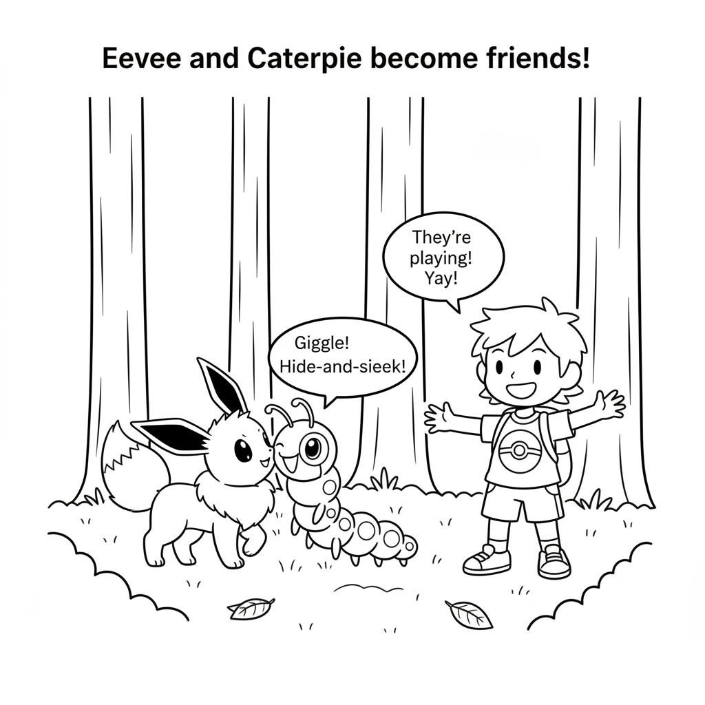 Eevee and Caterpie quickly become friends, playing hide-and-seek among the tall trees. Eevee playfully nuzzles Caterpie, who giggles with delight. Leo