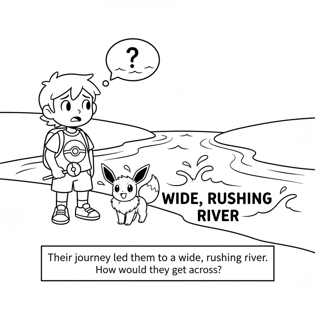Their journey leads them to a wide, rushing river, too big to simply jump across. Leo looks at the water with a worried expression. Eevee looks up at