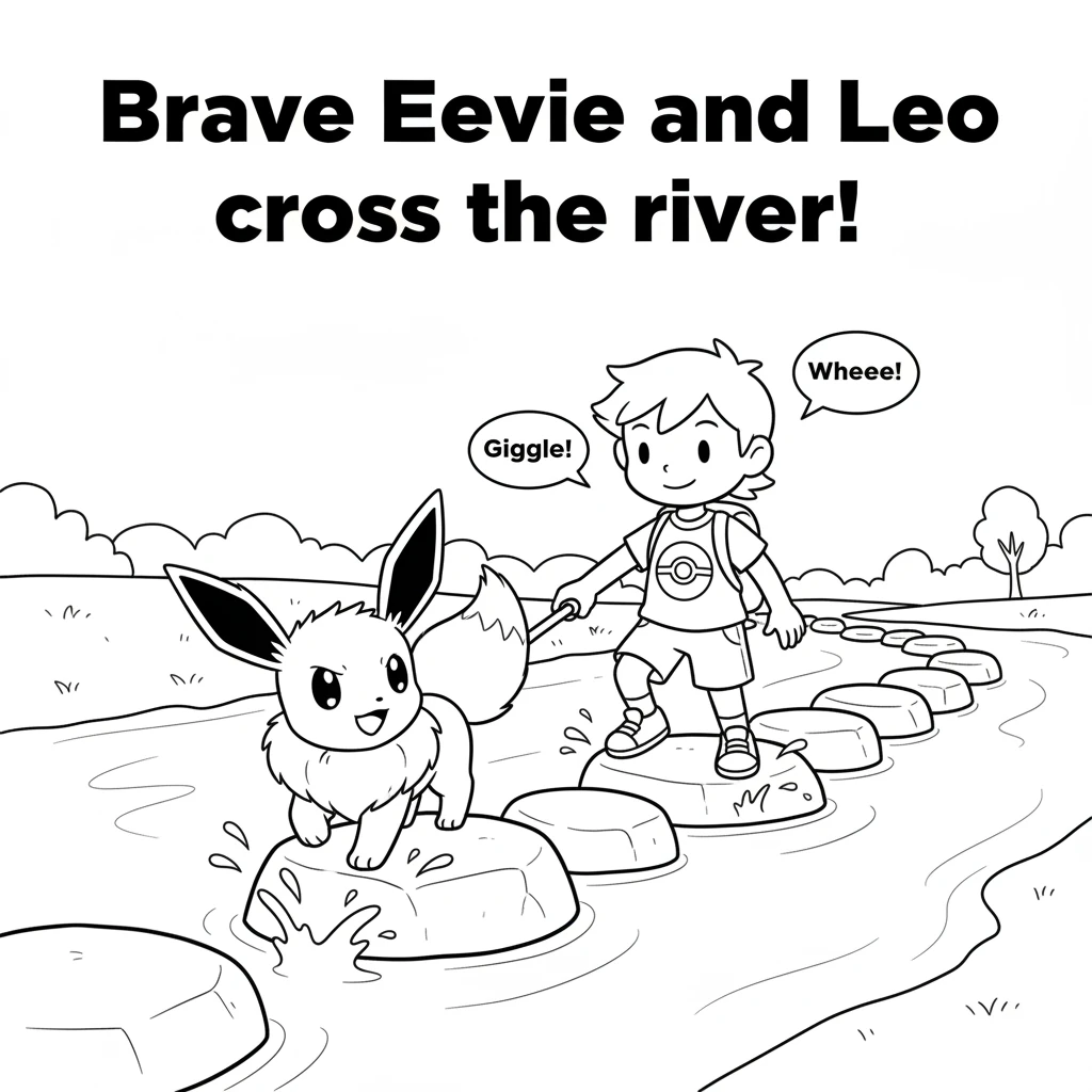 Brave Eevee, with a determined look, helps Leo find stepping stones to cross the river. Leo carefully follows, holding onto Eevee's tail for balance.