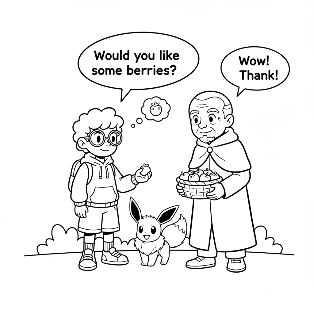 On the other side, they meet an experienced trainer with a wise old look, sharing berries from a basket. The trainer smiles kindly, offering some to L