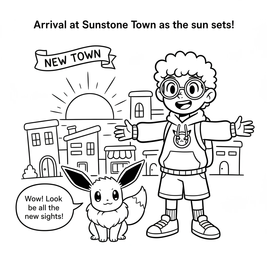 As the sun begins to set, Leo and Eevee arrive at a bustling new town, filled with exciting new sights and sounds. Buildings with simple shapes rise a