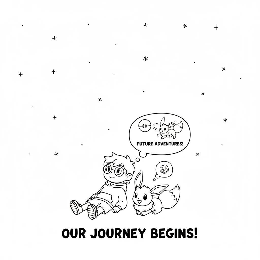 Under a blanket of twinkling stars, Leo and Eevee rest, dreaming of future adventures and friendly battles. They look up at the vast night sky, filled