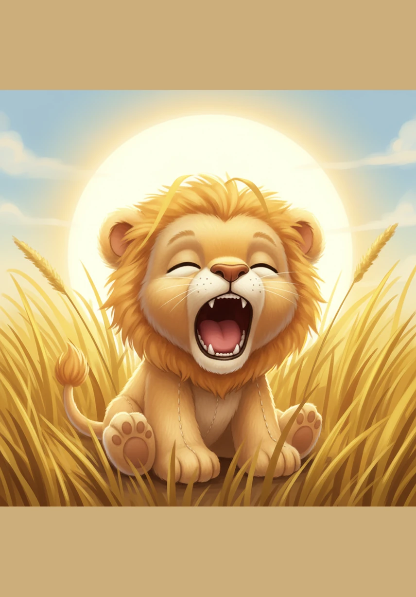 Under the big, warm sun, Leo the Little Lion wakes up in the tall, golden grass. He has a soft, fuzzy mane and lets out a very big, sleepy yawn.