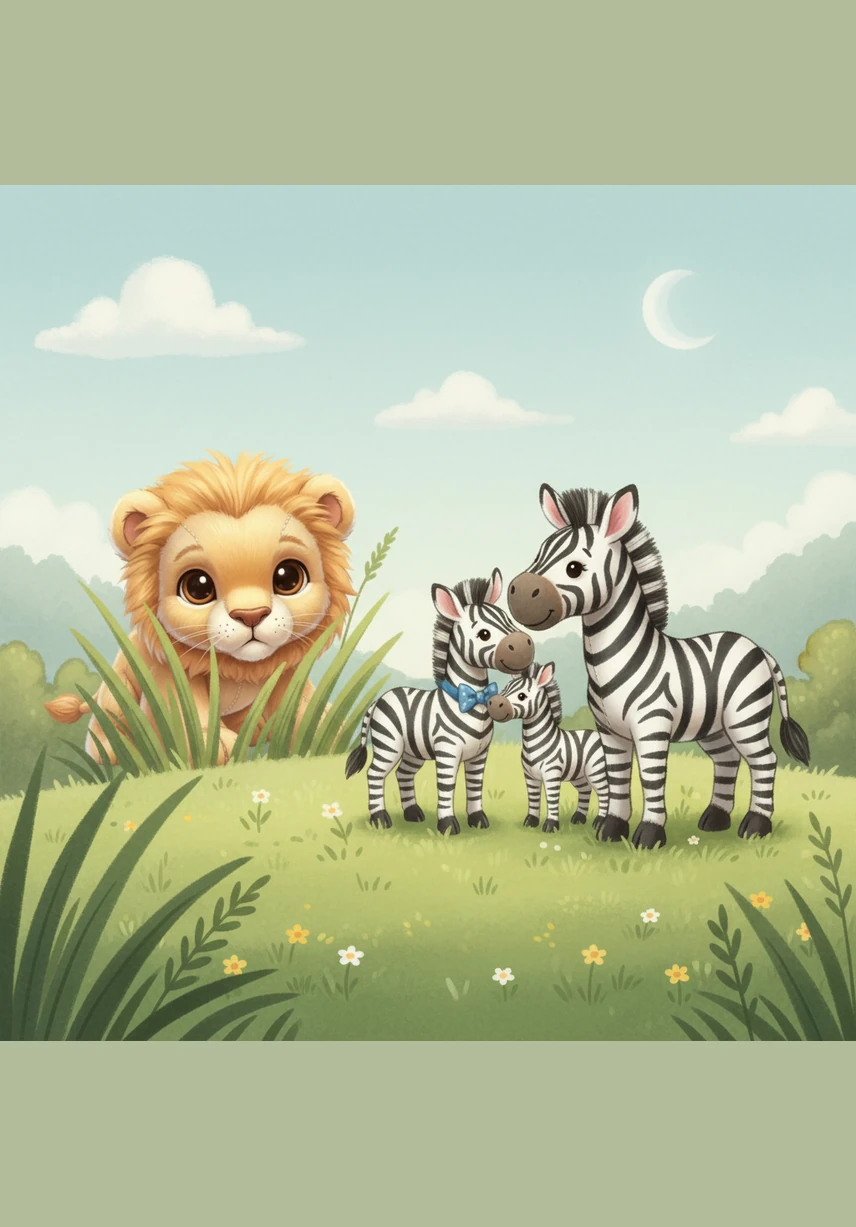 A group of striped zebras comes to visit, munching happily on the sweet green grass. Their black and white stripes wiggle as they chew their crunchy snack.