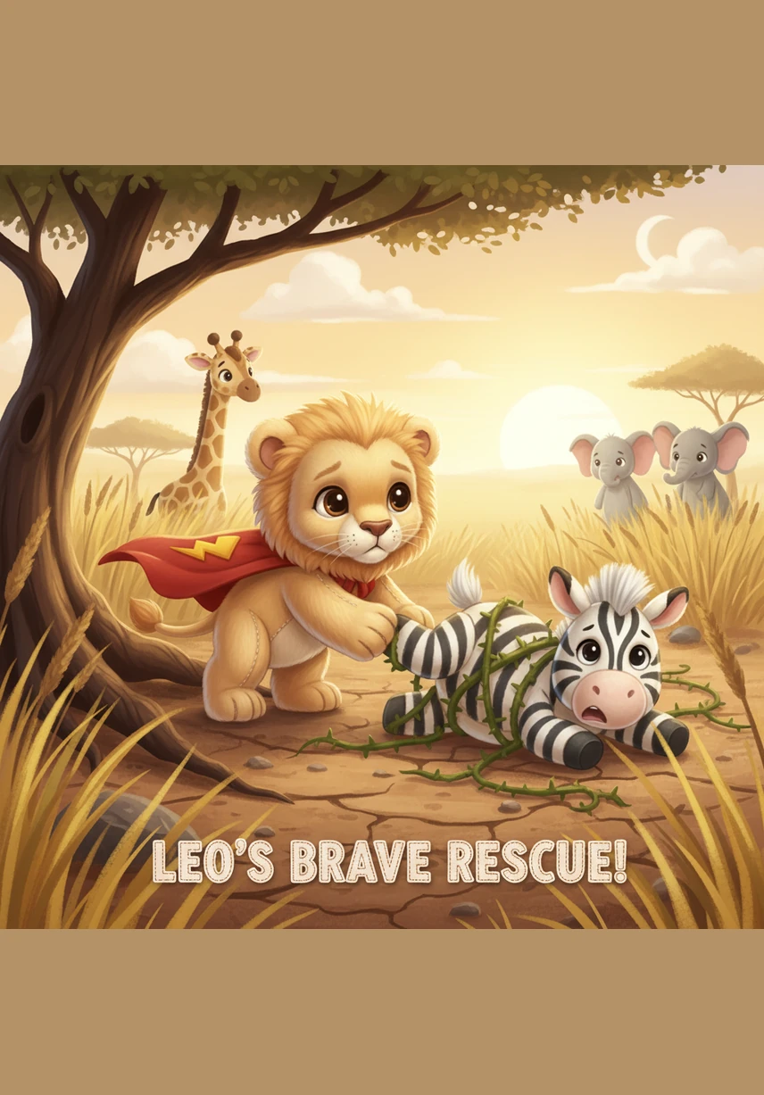 Leo hides in the bushes with his big paws tucked in, watching the zebras from far away. He is learning how to be a brave and patient king of the savanna.