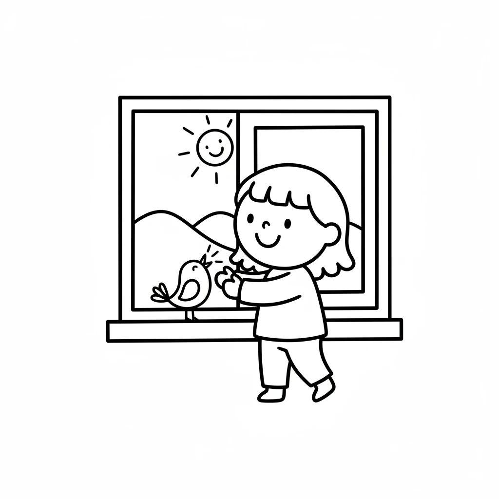 乐乐起床了,今天天气真好!她打开窗户,一只小鸟正站在窗台上唱歌。小鸟叽叽喳喳地叫着,好像在说:“早上好!”