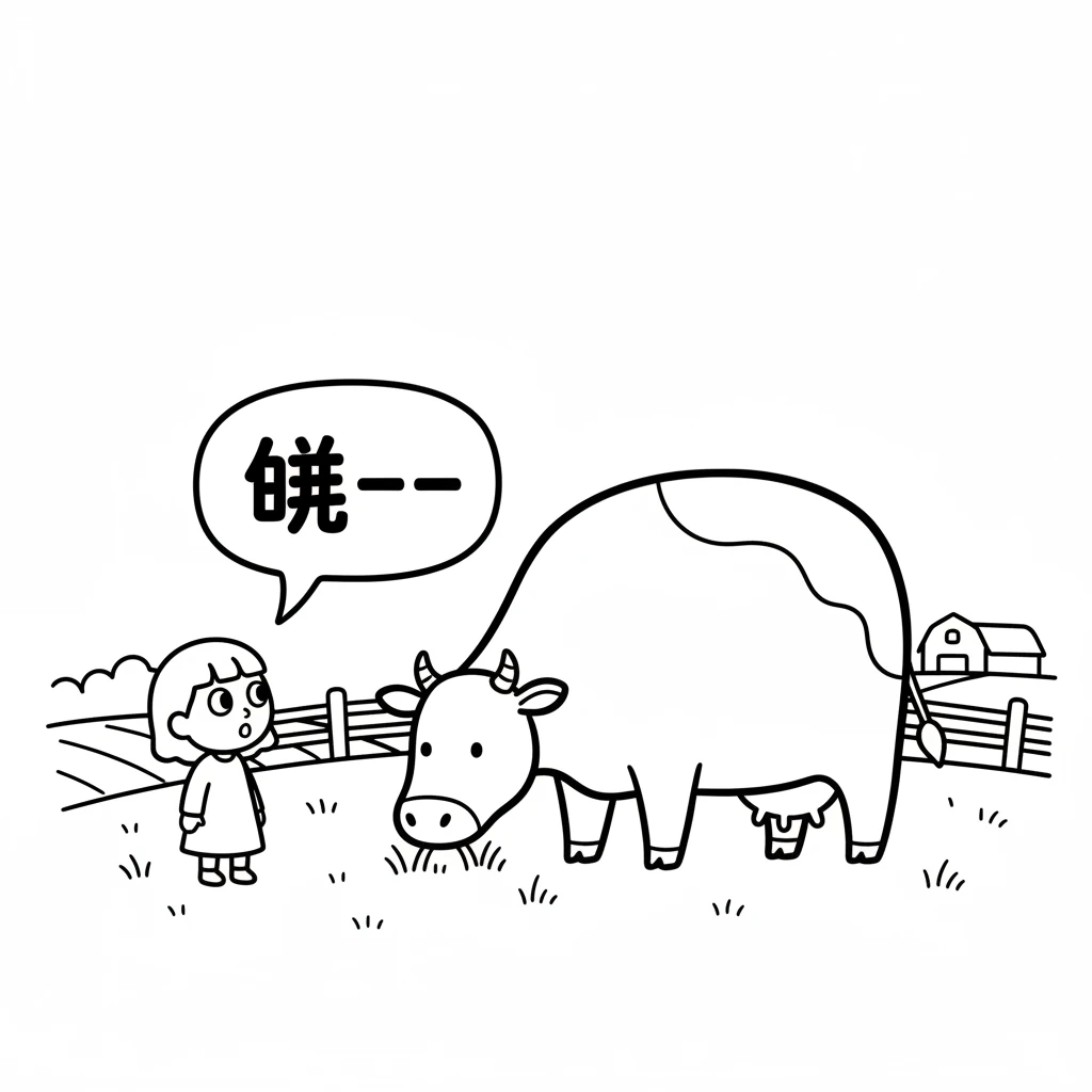 乐乐来到农场,听到“哞——”的一声。原来是一头大大的奶牛在吃草。奶牛的身体圆滚滚的,头上长着两只小角。