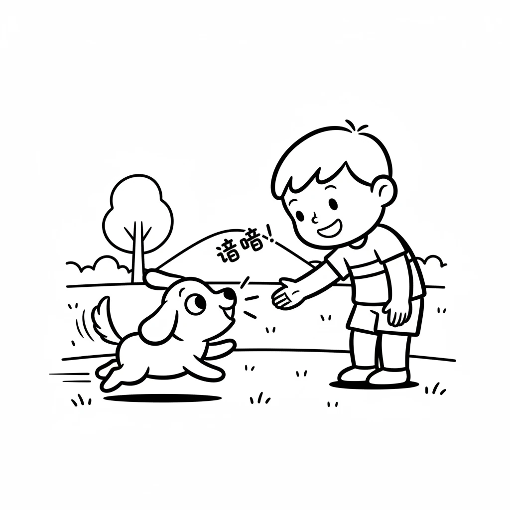 一只活泼的小狗跑了过来,对乐乐摇着尾巴。“汪汪!”小狗开心地叫着,邀请乐乐一起玩。它有一双亮晶晶的眼睛。