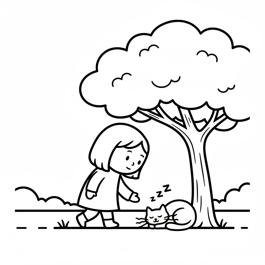 乐乐轻轻地走过一棵树下,发现一只猫咪正在打瞌睡。猫咪蜷缩成一团,发出“喵呜——”的轻柔声音。它的胡须长长的。