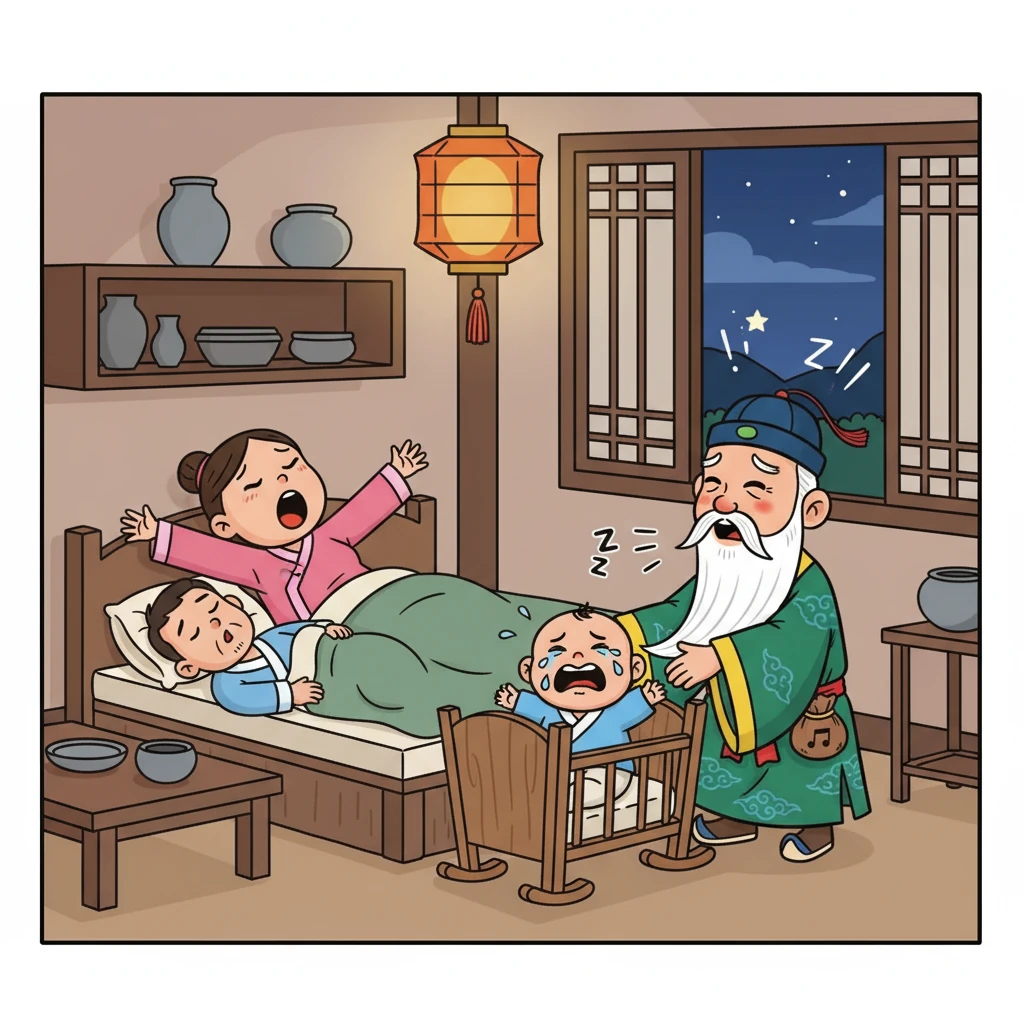 夜幕降臨，遠處傳來陣陣狗叫聲，打破了夜晚的寧靜。屋內，一位婦人伸了個懶腰，丈夫也開始說夢話，而嬰兒突然哭鬧起來。