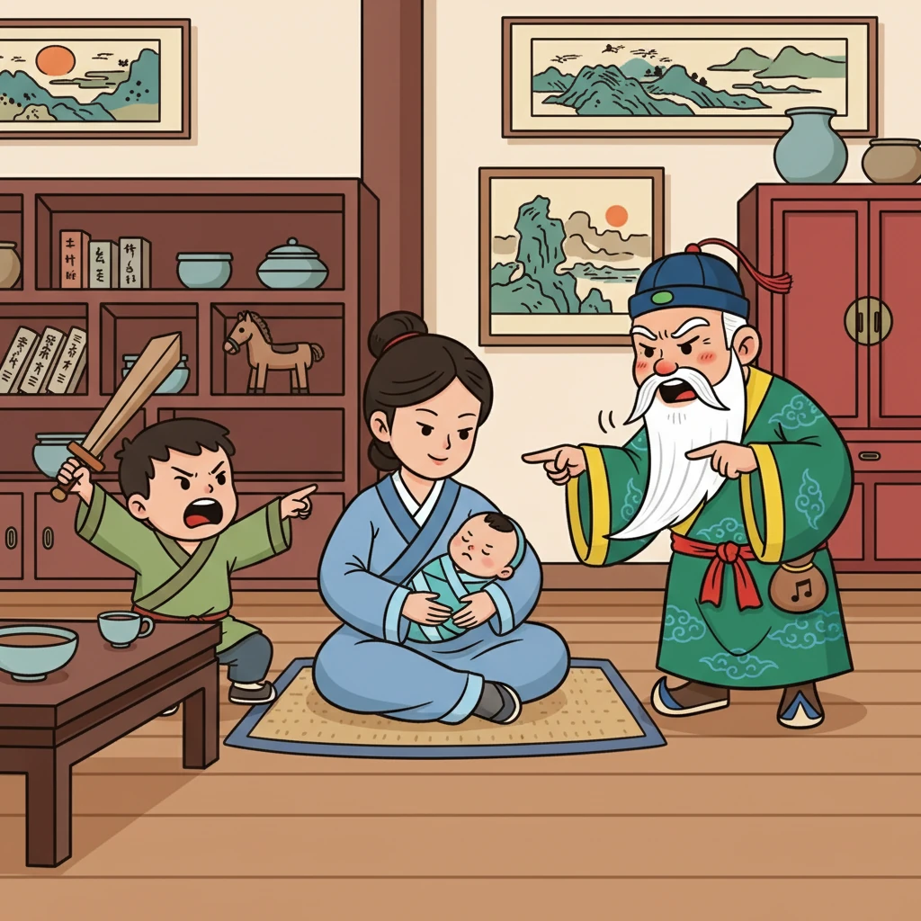 婦人輕輕拍著嬰兒，哄他入睡。大兒子吵著要東西，丈夫則在一旁訓斥著，各種聲音交織在一起，構成了一幅生動的家庭生活畫卷。