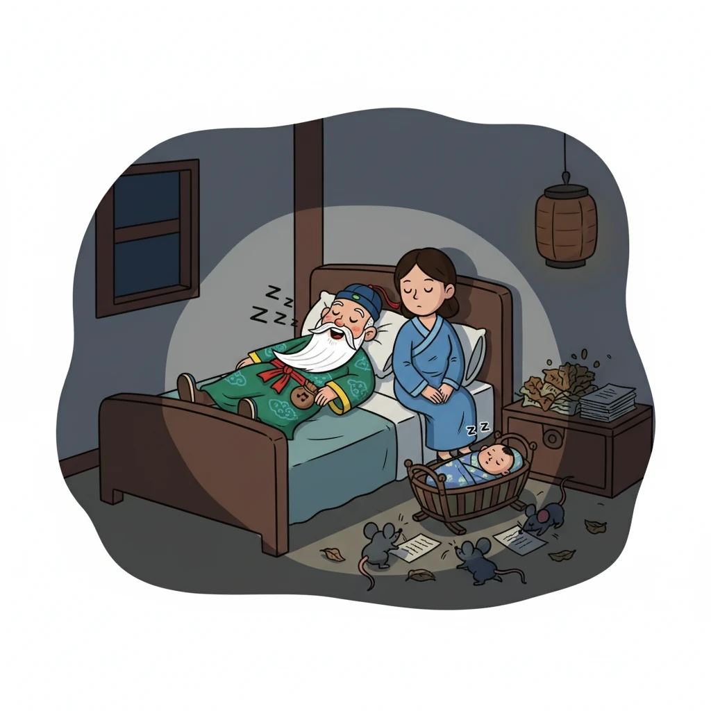 夜深了，丈夫發出沉重的鼾聲，婦人拍著嬰兒的手也漸漸停了下來。突然，一陣老鼠窸窸窣窣的聲音傳來，打破了夜晚的寧靜。