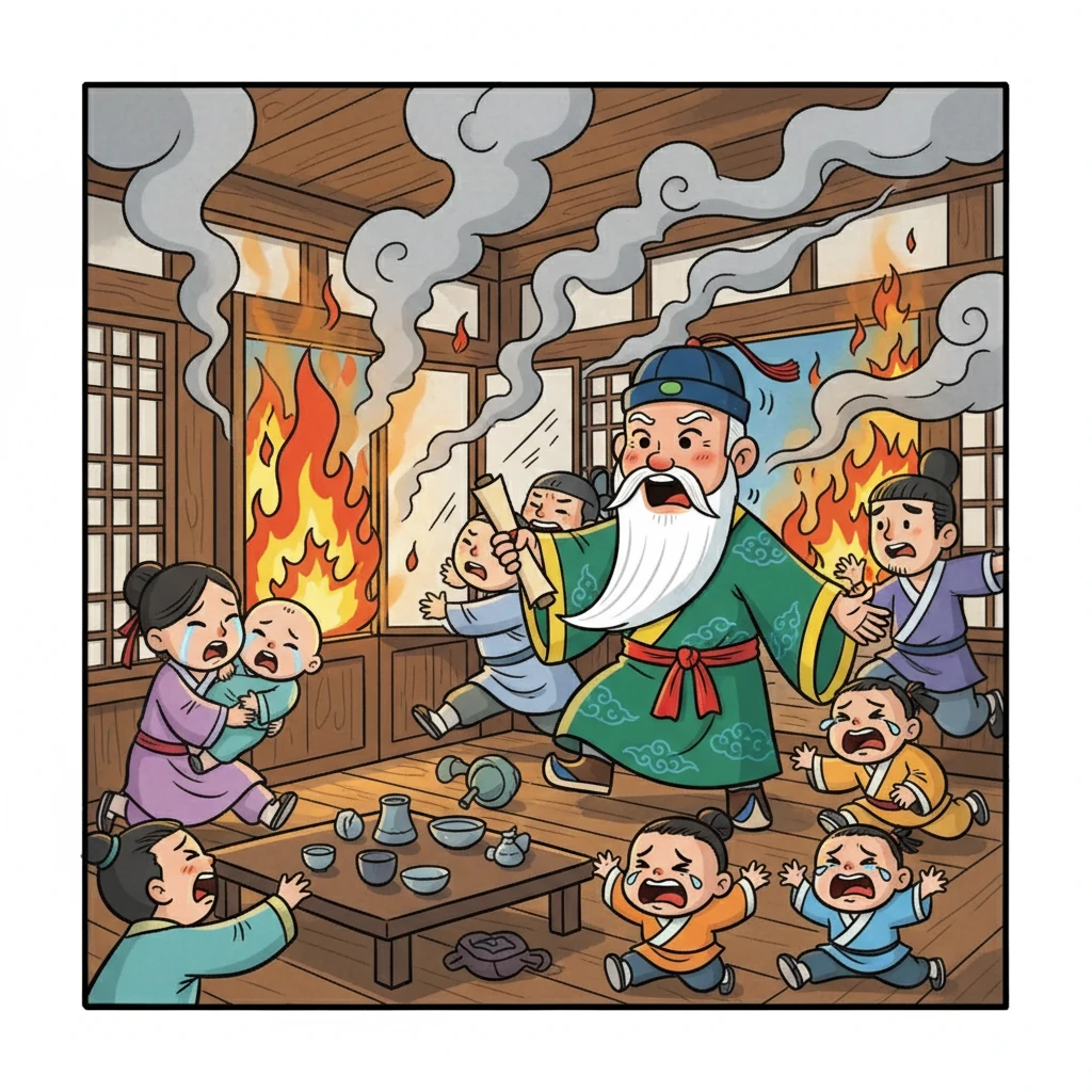 突然，有人大喊：“著火了！”整個屋子瞬間沸騰起來，人們驚慌地叫喊著，孩子們哭聲震天。