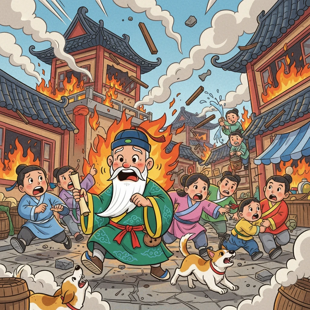 大街上亂成一團，人們驚恐地呼喊著，狗叫聲、房屋倒塌聲、救火聲混成一片，形成了一幅混亂的景象。