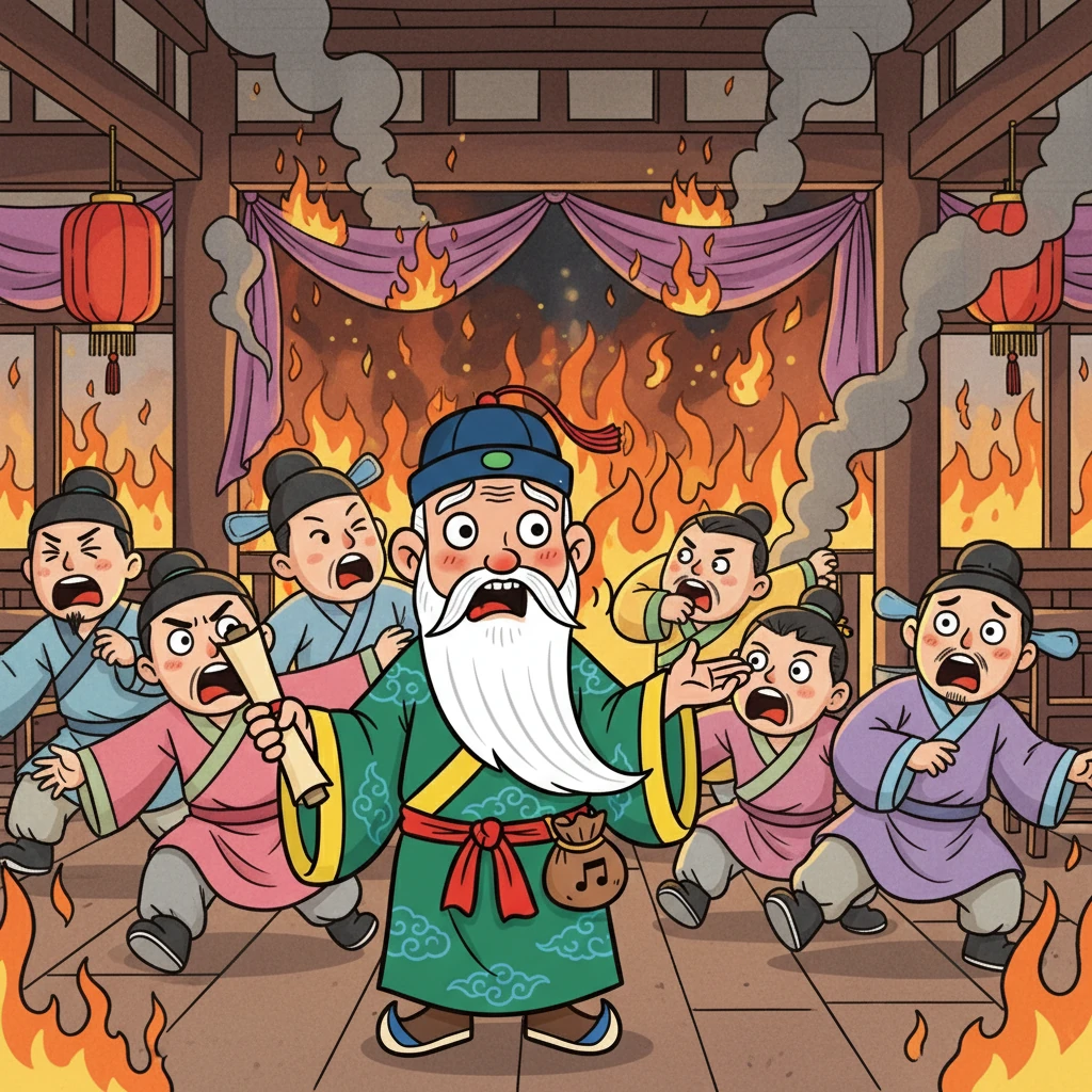 賓客們嚇得臉色蒼白，紛紛站起身，卷起袖子，雙腿發抖，想要逃離這可怕的火災現場。