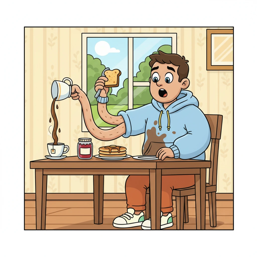 As he reached for his toast, his arm suddenly stretched and bent in a way it never had before, sloshing his tea right onto his crisp white shirt! Mr. Wigglebottom gasped, staring at his strangely rubbery limb. It felt like a noodle trying to hold a spoon.