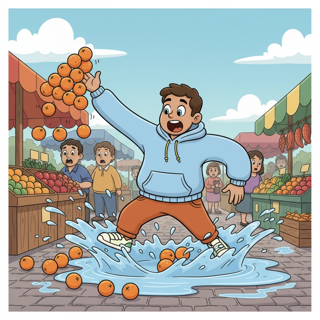 Trying to do his errands became a hilarious challenge. His stretchy arms accidentally knocked over a pyramid of oranges at the market, sending them rolling everywhere. Then, his wobbly legs made him jiggle right through a puddle, splashing water on everyone nearby.