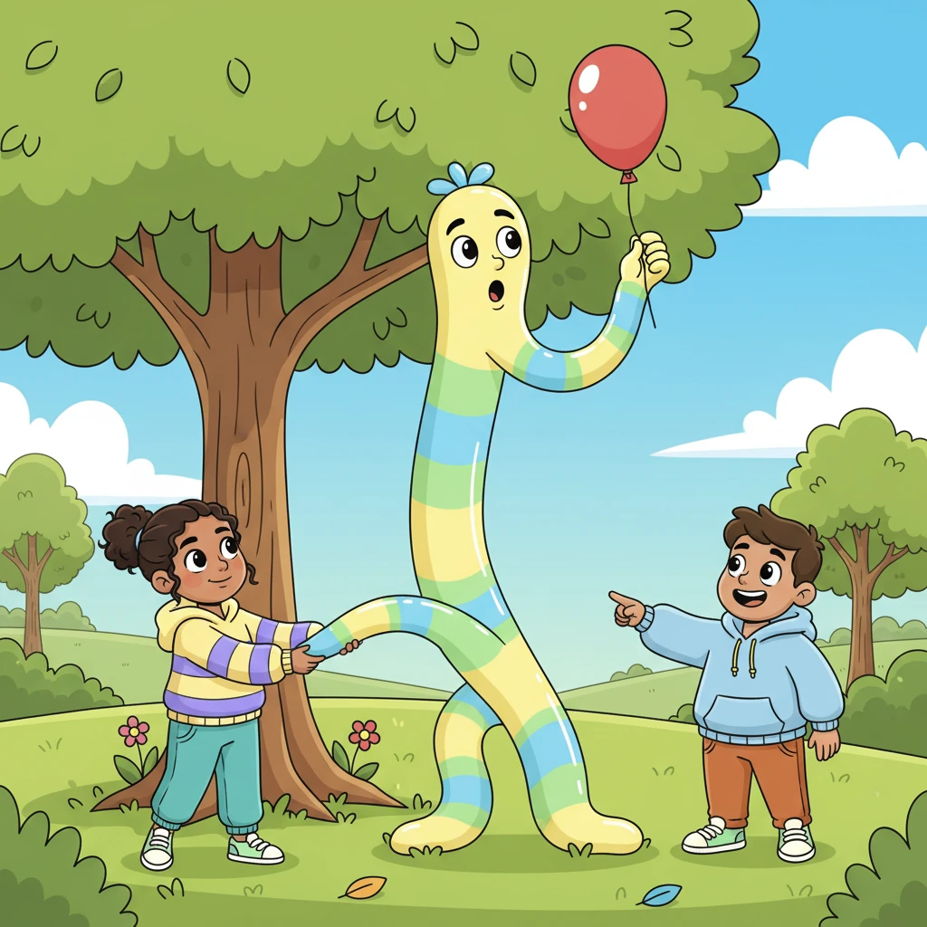 A cheerful child, seeing his wobbly form, approached with a curious smile and gently tugged on one of his stretchy arms. To Mr. Wigglebottom's surprise, he could stretch even further, reaching up to retrieve a lost balloon from a tall tree branch. A spark of wonder lit up his expressive face.