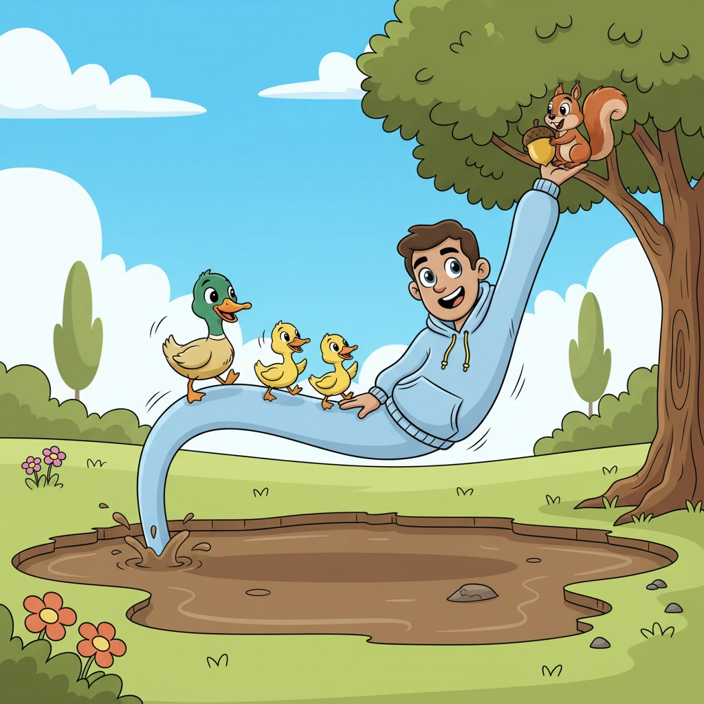 Discovering his new abilities, Mr. Wigglebottom began to have the most amazing fun! He used his stretchy body to create a bouncy bridge for a family of ducks over a muddy puddle and even helped a squirrel reach a high acorn. His wobbly form was unexpectedly useful.