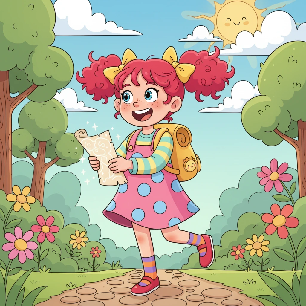 Lumi Sparklefoot, a tiny adventurer with a heart full of glee, clutched a shimmering map that pointed to unknown wonders. Her oversized backpack bounced with every eager hop as she set off, a wide grin spreading across her face. The sun peeked through fluffy clouds, promising a day full of exciting discoveries.
