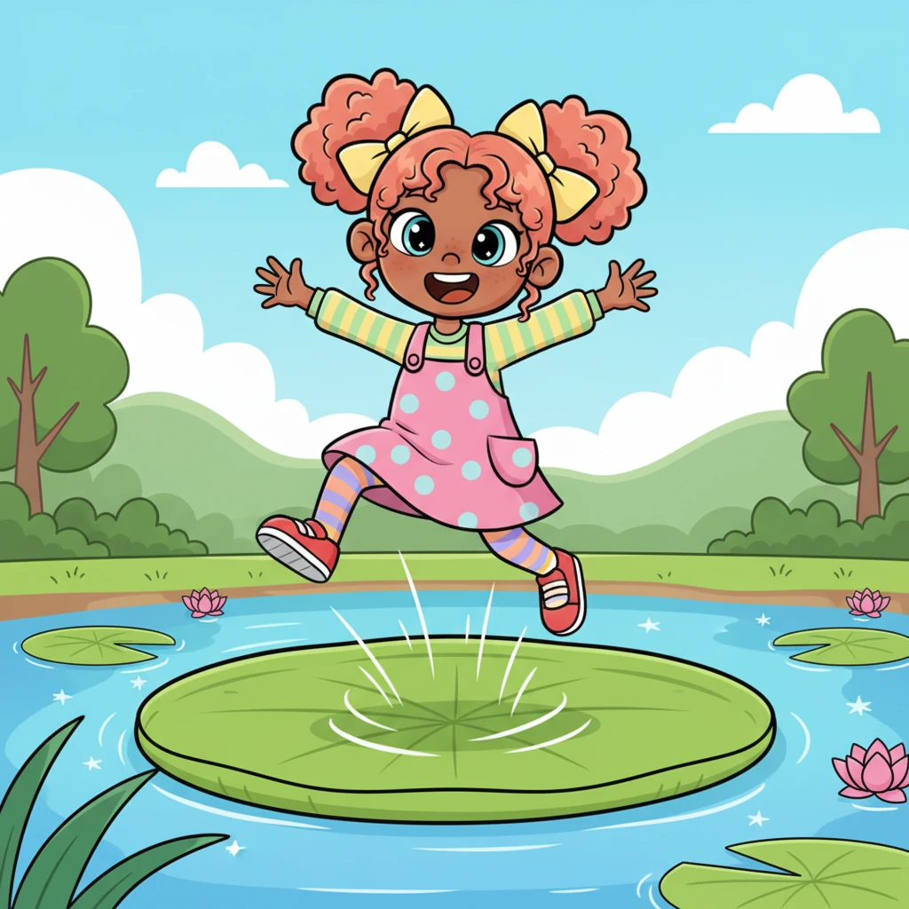 Just then, a giant, bouncy lily pad, vibrant green and soft as a cloud, floated into view. With a determined leap and a joyful squeal, Lumi landed right in the middle, feeling it gently spring her upwards. The lily pad became her trusty boat, wiggling and wobbling her safely to the other side.