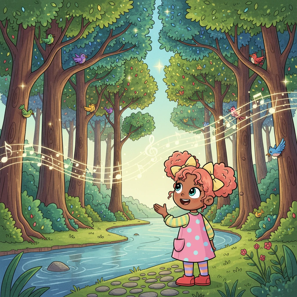 On the opposite bank, a magnificent Whispering Woods welcomed her with open branches. Trees taller than giants sported leaves in every shade of emerald, sapphire, and ruby, shimmering like jewels. Strange, sweet melodies drifted through the air, sung by unseen, colorful birds.