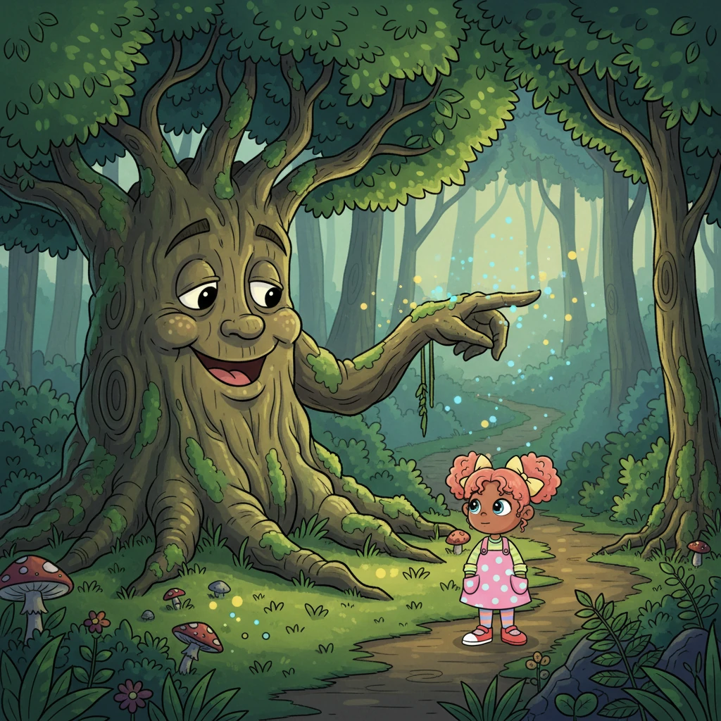 Deep within the woods, Lumi found the ancient Wobbly Willow, a tree so old its branches sagged with stories. Its friendly face, carved into the bark, blinked slowly, and its leaves rustled like a gentle whisper. The Willow pointed a gnarled branch towards a shadowy path, murmuring a secret clue about "sparkling whispers."