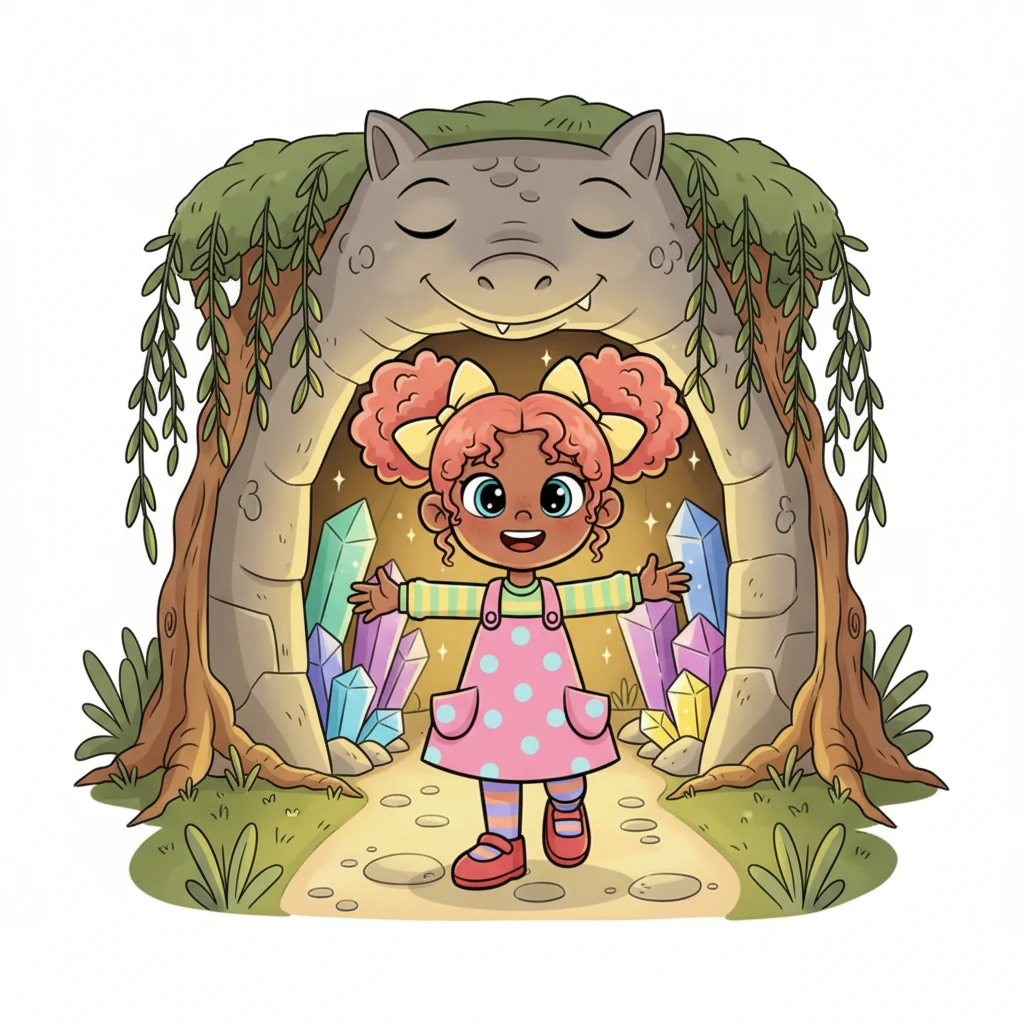 Following the Willow's hint, Lumi soon discovered a hidden entrance to the Crystal Caverns. The cave mouth glowed with a soft, inviting light, revealing walls encrusted with twinkling gems. It looked like the mouth of a friendly, sleepy dragon, beckoning her inside.
