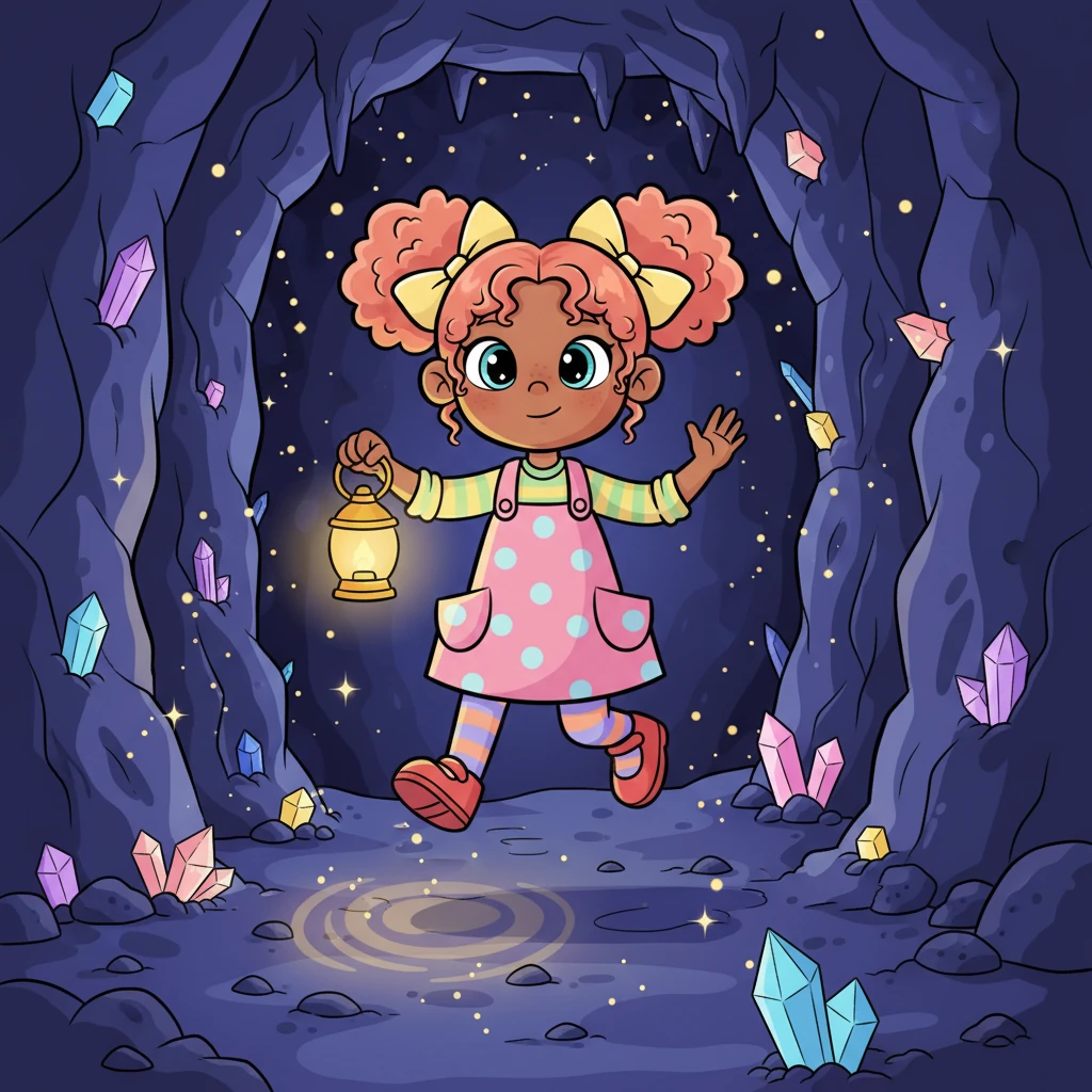 With a brave gulp and a skip, Lumi stepped into the caverns, her little lantern casting dancing shadows. The air inside sparkled with dust motes, making the path ahead twinkle like a starry night. Every step echoed with a gentle chime, as if the crystals were singing a welcome song.