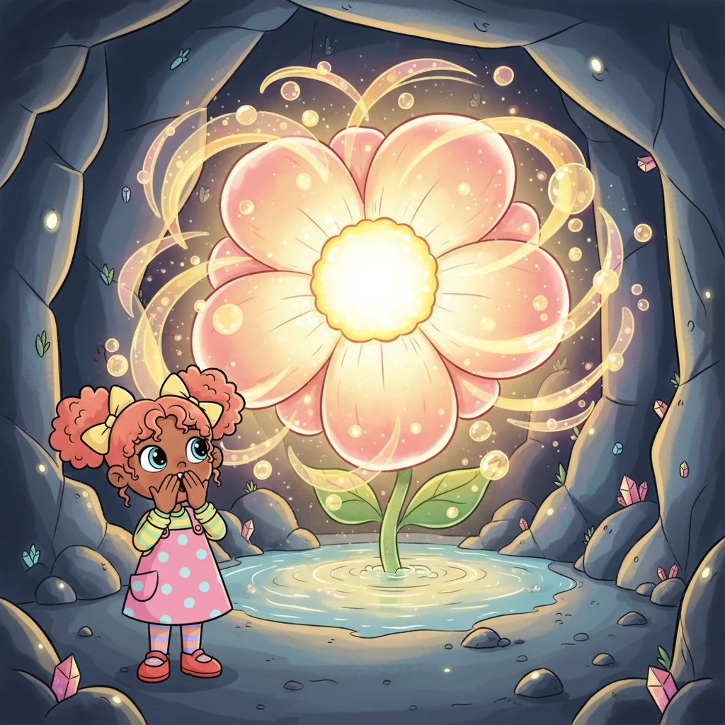Deeper inside, in a hidden grotto, Lumi gasped at the sight of the legendary Gigglebloom Flower. Its petals glowed with an inner light, radiating waves of pure, bubbling joy that filled the entire cavern. The flower pulsed with cheerful energy, making Lumi's heart feel light and bubbly.