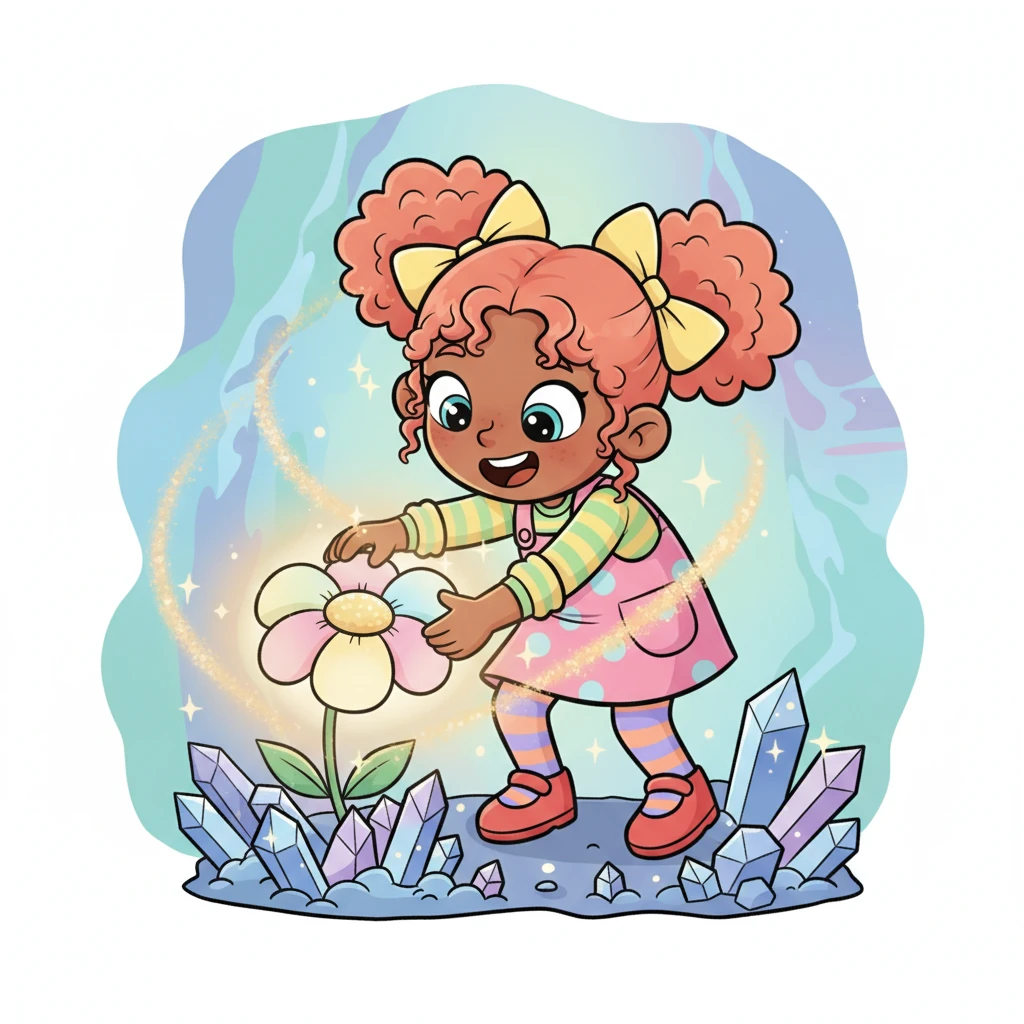 Carefully, with trembling hands, Lumi reached out and gently plucked the Gigglebloom Flower from its crystal bed. A surge of warmth and uncontainable happiness washed over her, making her giggle uncontrollably. The flower felt alive in her hands, its magic already spreading.