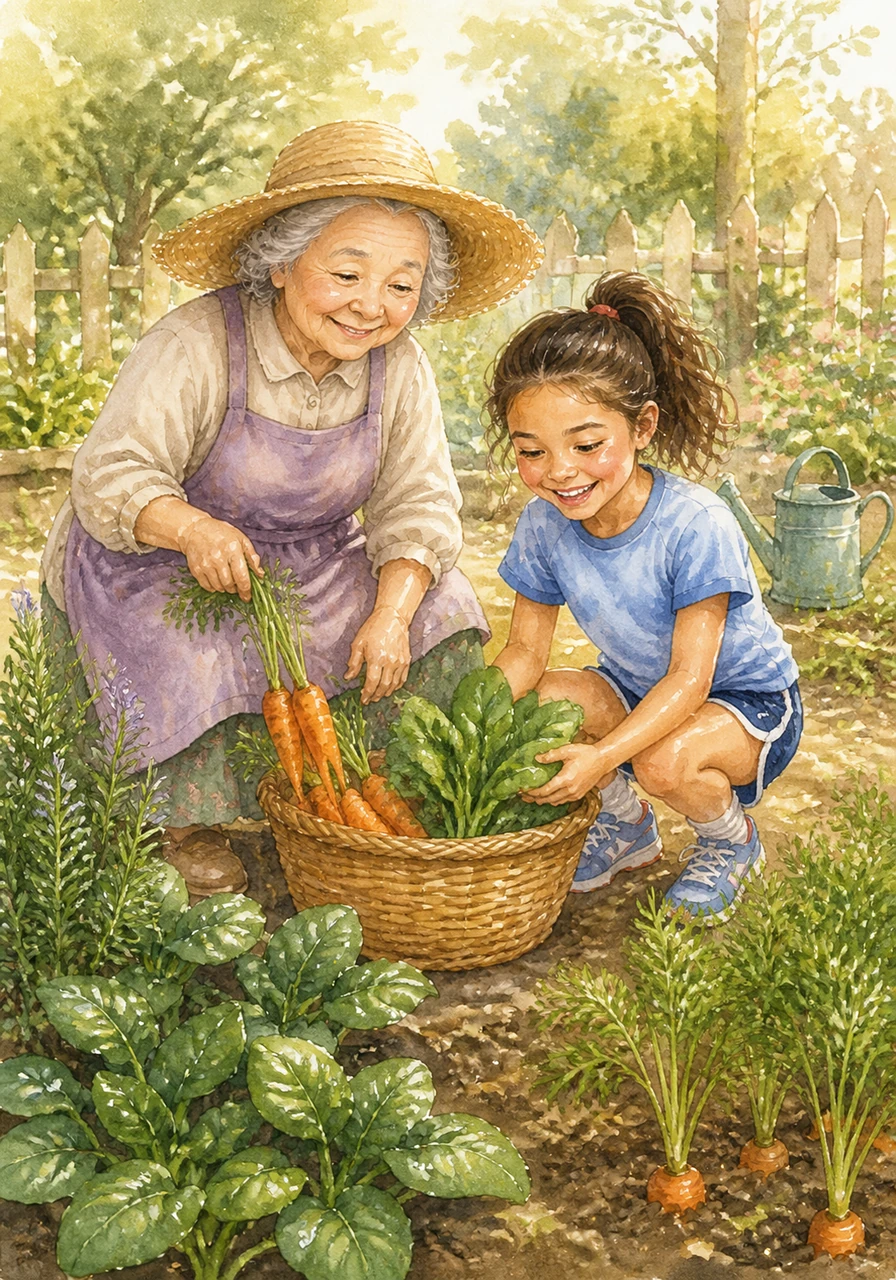 Under the warm morning sun, Mila and her grandmother wander through a lush garden filled with the scent of rosemary and damp earth. They gather glowing orange carrots and dew-kissed spinach into a wicker basket, discovering the vibrant treasures hidden among the green leaves.