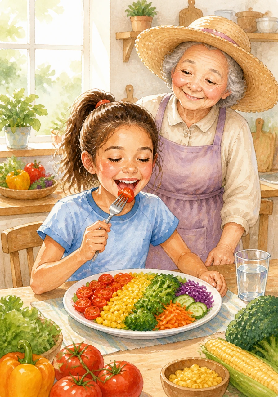 In the sunlit kitchen, Mila carefully arranges a rainbow of vegetables on her plate, creating a masterpiece of crimson tomatoes and golden corn. As she takes her first bite, a sense of warmth and vitality spreads through her, making her realize that healthy food truly has a song of its own.