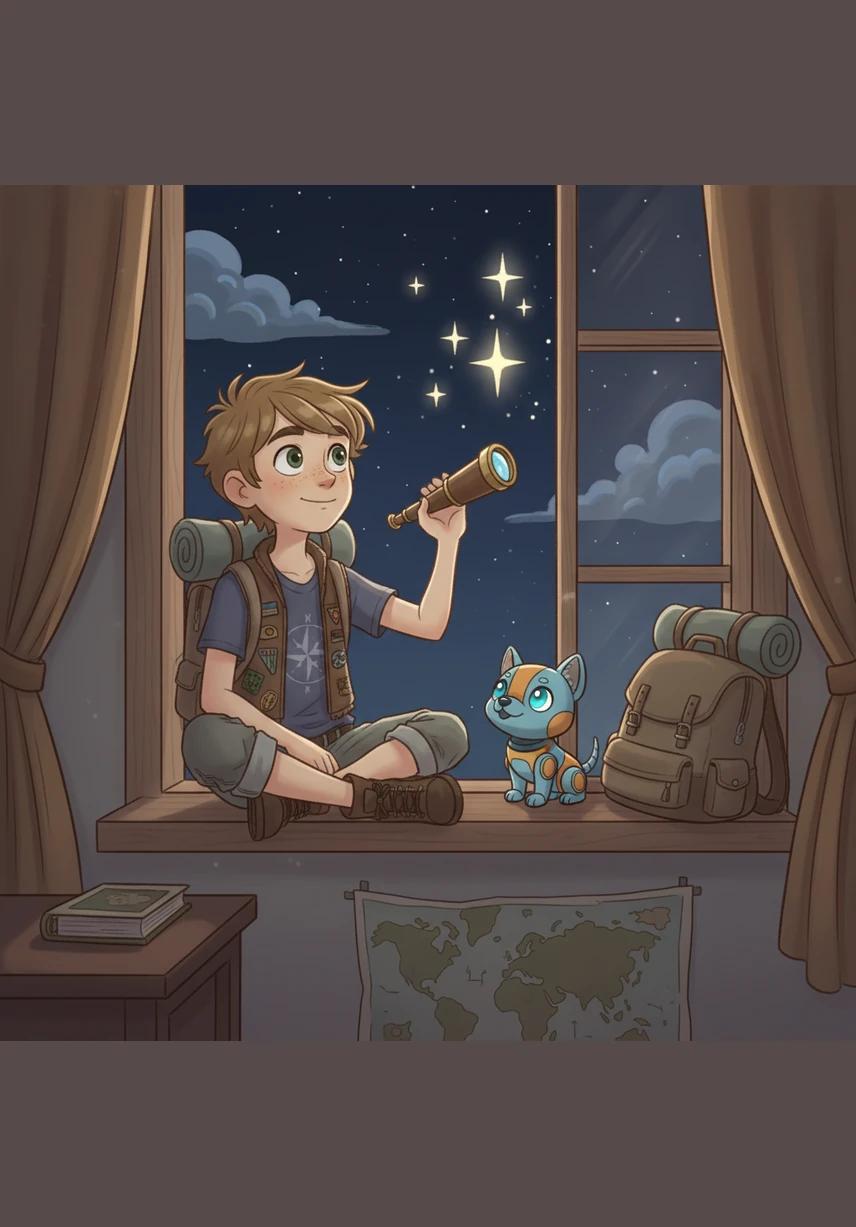 Leo sat by his bedroom window every night, staring at the twinkling stars and dreaming of what lay beyond the clouds. He held a small telescope tightly, hoping to catch a glimpse of a distant, magical world hidden in the night sky.