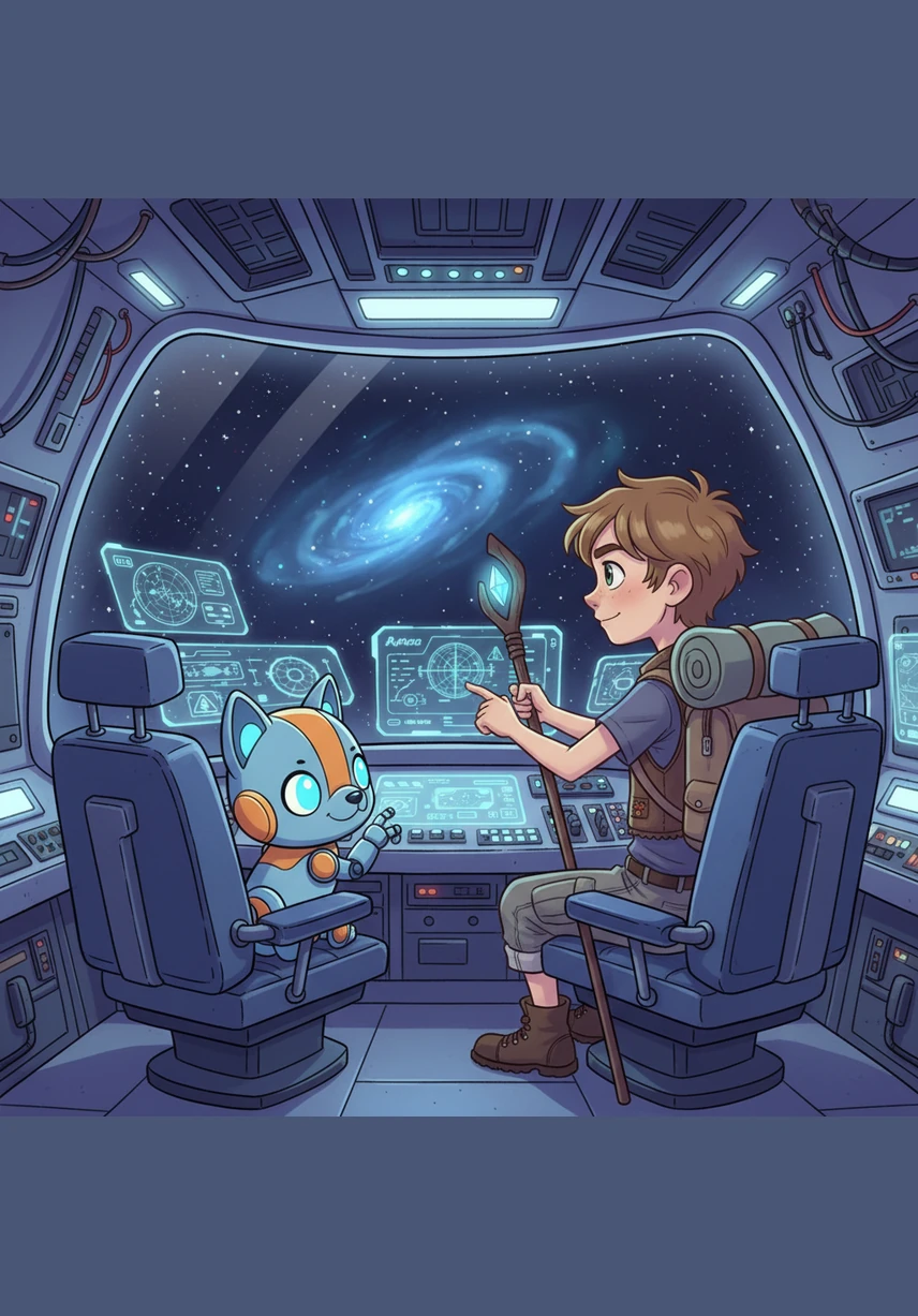 Suddenly, his small robotic dog, Pip, whirred to life with a happy beep and a wagging mechanical tail. Pip hopped into the pilot's seat with a playful bark, ready to guide Leo on the greatest adventure of his life.