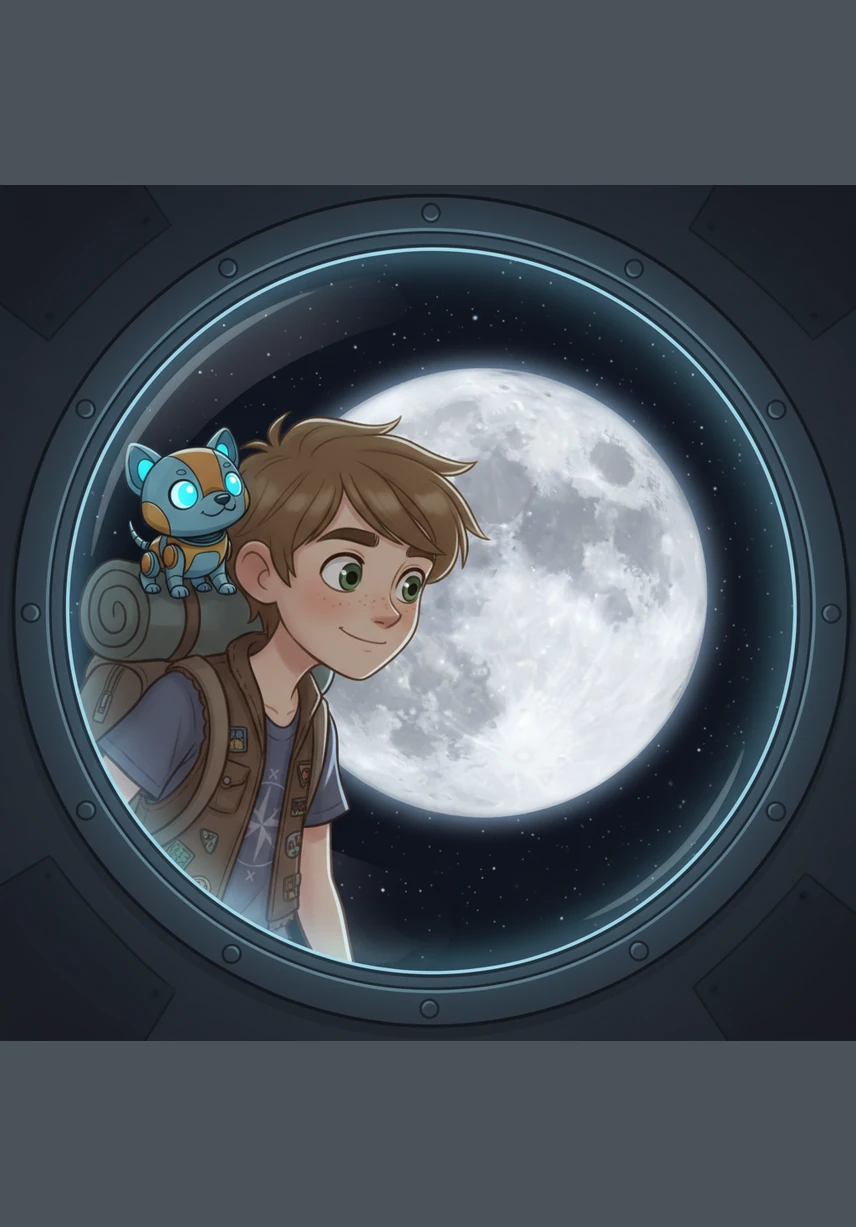 Their first stop was the Moon, which looked like a giant ball of glowing silver hanging in the silent dark. Leo peered through the porthole, amazed by the vast, quiet craters and the strange, quiet beauty of the lunar landscape.