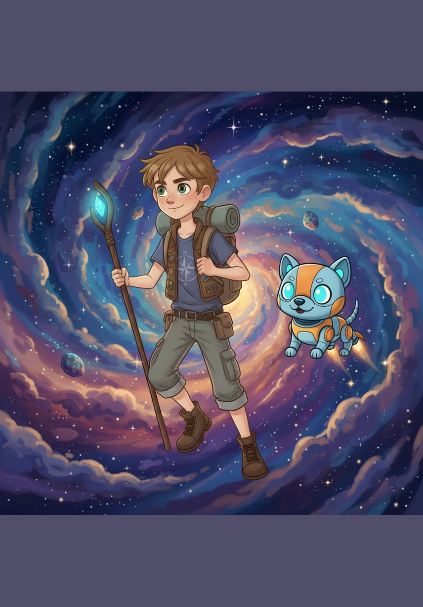 As they traveled deeper into the galaxy, they entered a swirling nebula filled with vibrant pink, purple, and blue clouds. It felt like they were sailing through a cosmic sea of liquid light and soft, glowing mist that smelled like starlight.